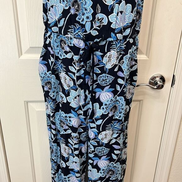 Loft Pant Jumpsuit Sz 6 Black Blue Square Neck Sleeveless Floral Pineapple Rayon - Picture 4 of 11